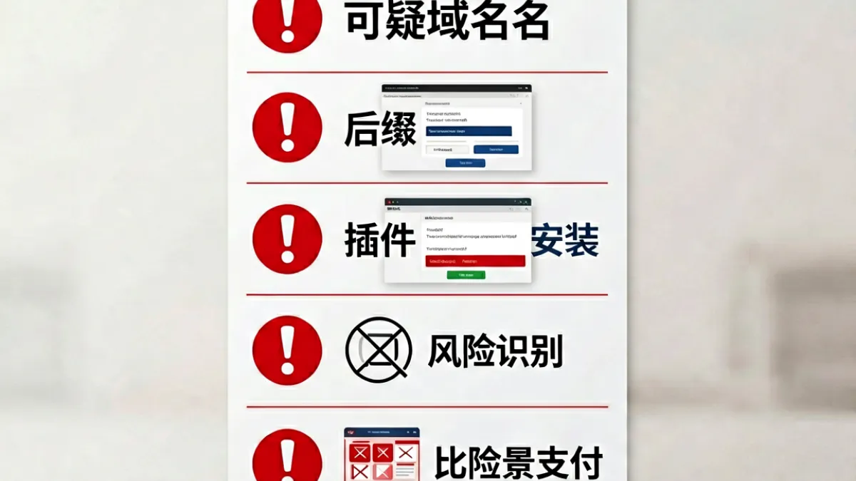 图解展示高风险涩涩网站的五大识别特征，包括可疑域名、弹窗行为和虚假插件提示等警示信号